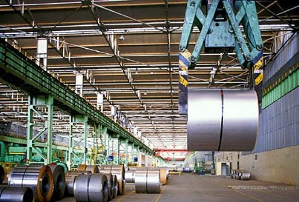 Crane Hook Lifting Packed Rolls of Steel Sheet In An Automobile Sector.